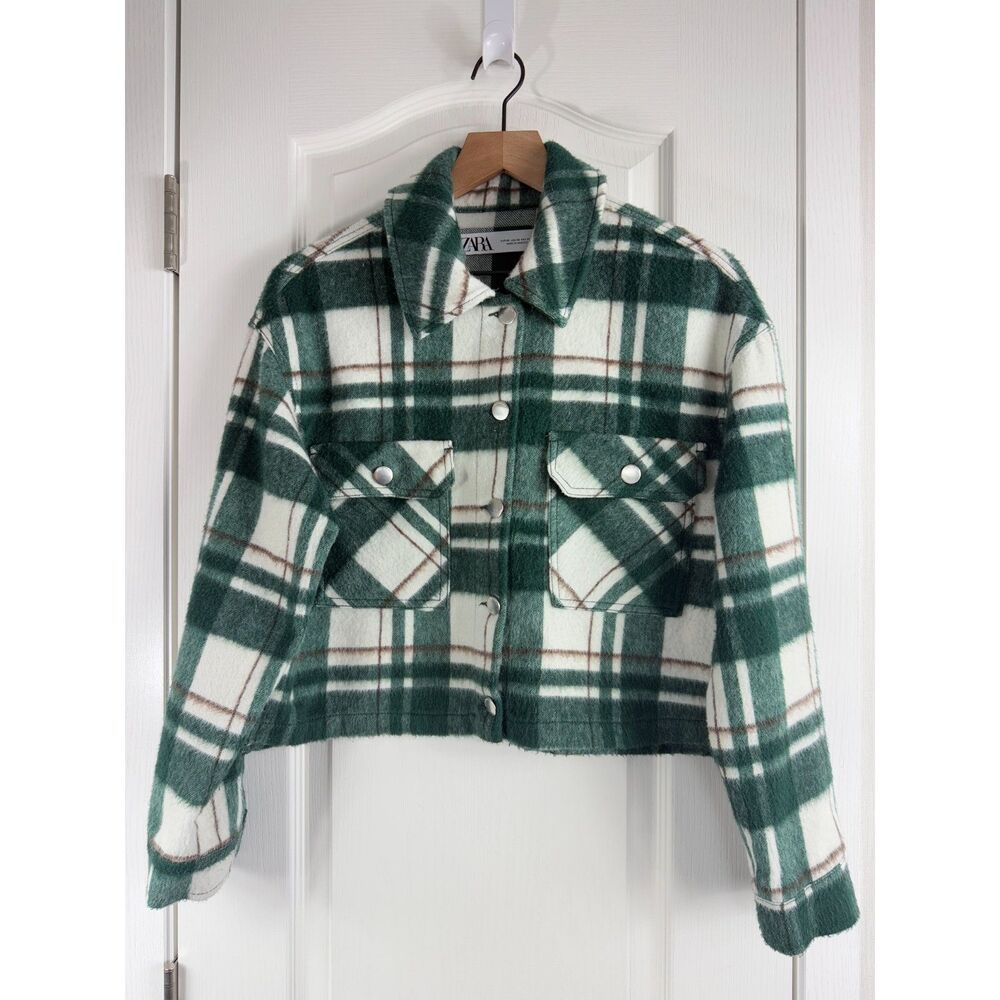 ZARA Women's Cropped Plaid Shacket Shirt Jacket Green White Brown Size XS